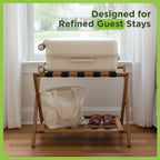 Set of 2 Premium Solid Teak Wood Luggage Racks with Shelf, 25" Foldable Suitcase Stands for Hotel, Airbnb & Resort | Heavy-Duty Hardwood Build, Holds 176 lbs Each, Reinforced Woven Straps