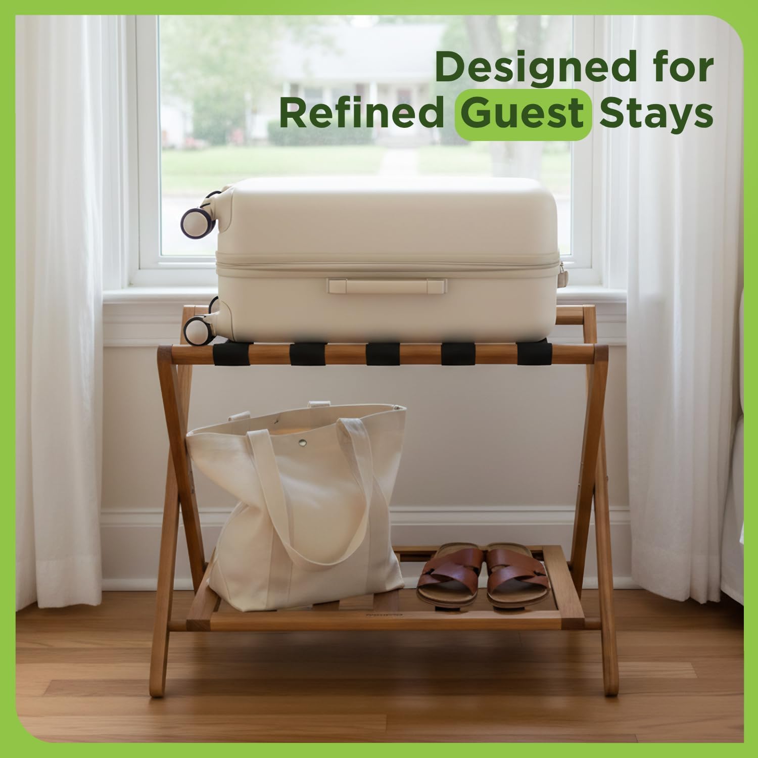 Set of 2 Premium Solid Teak Wood Luggage Racks with Shelf, 25" Foldable Suitcase Stands for Hotel, Airbnb & Resort | Heavy-Duty Hardwood Build, Holds 176 lbs Each, Reinforced Woven Straps