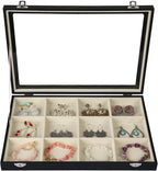 Stratalife Jewelry Organizer Bracelet Holder Organizer Box Earring Storage Drawer Jewelry Display Anti Tarnish Ring Holder For Women Girls 12 Grid (Beige Black)