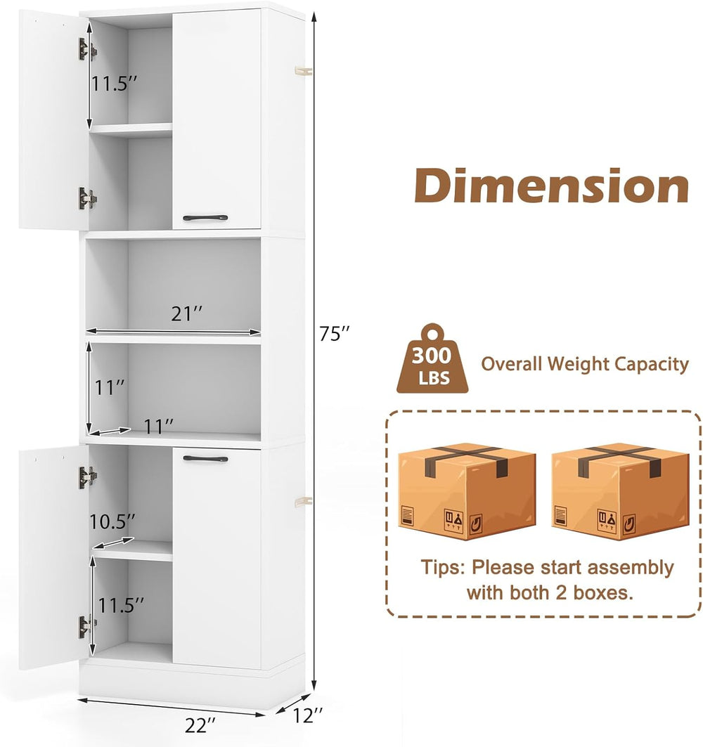 POWERSTONE Wood Kitchen Pantry Cabinet, 75" Tall Bathroom Storage Cupboa...