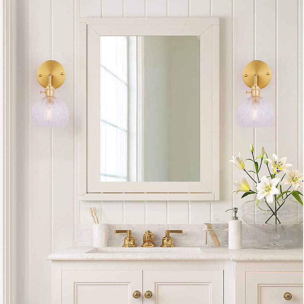 Cerdeco Vintage Indoor Wall Sconce, Transparent Leaf Glass, Gold Base