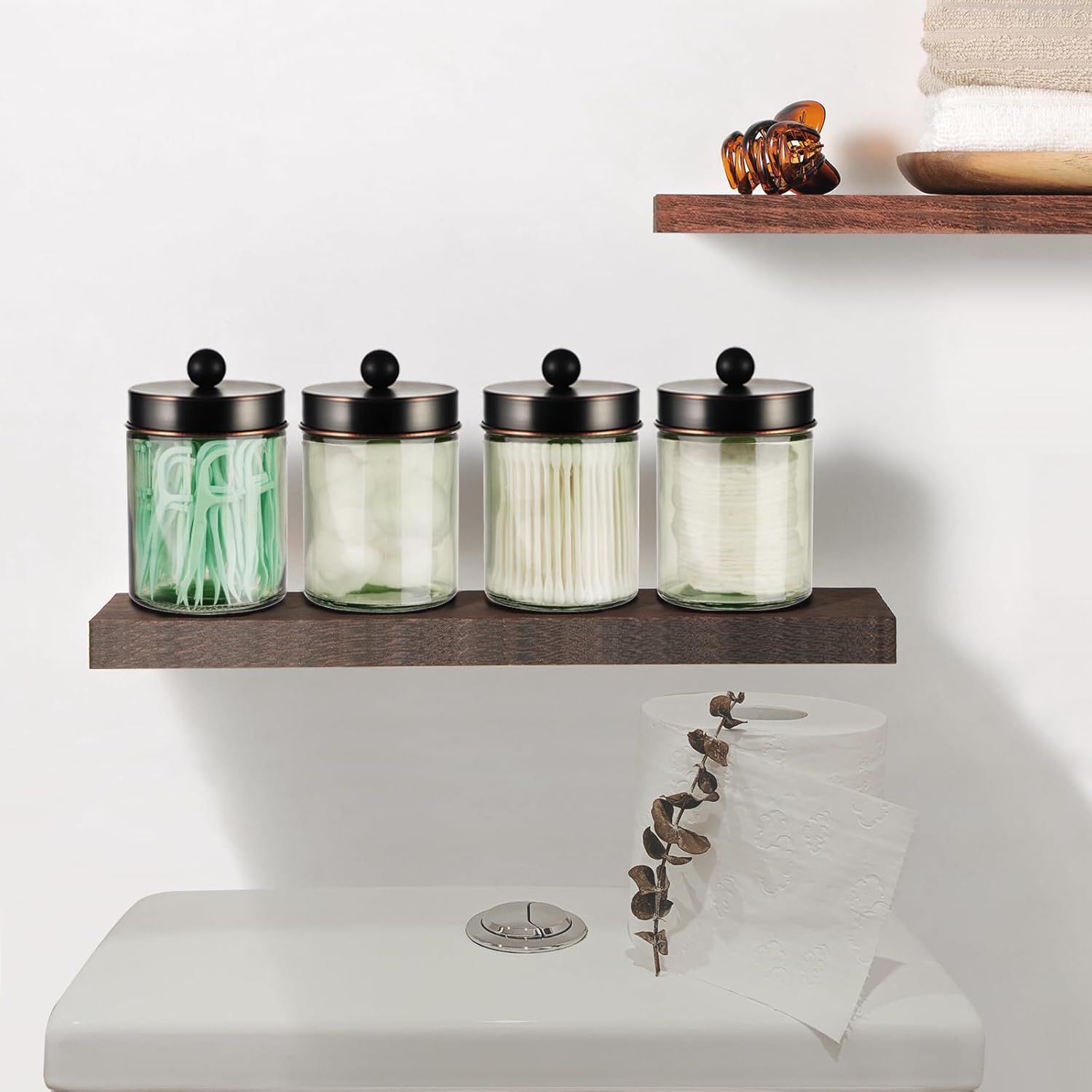Amolliar Sage Green Qtip Holder, Glass Apothecary Jar Metal Lid & Stickers, Bathroom Qtip Holder Storage Canister, Farmhouse Decor for Cotton Balls, Swabs, Makeup Pads, Bath Salt, Floss, ORB 4 Pack