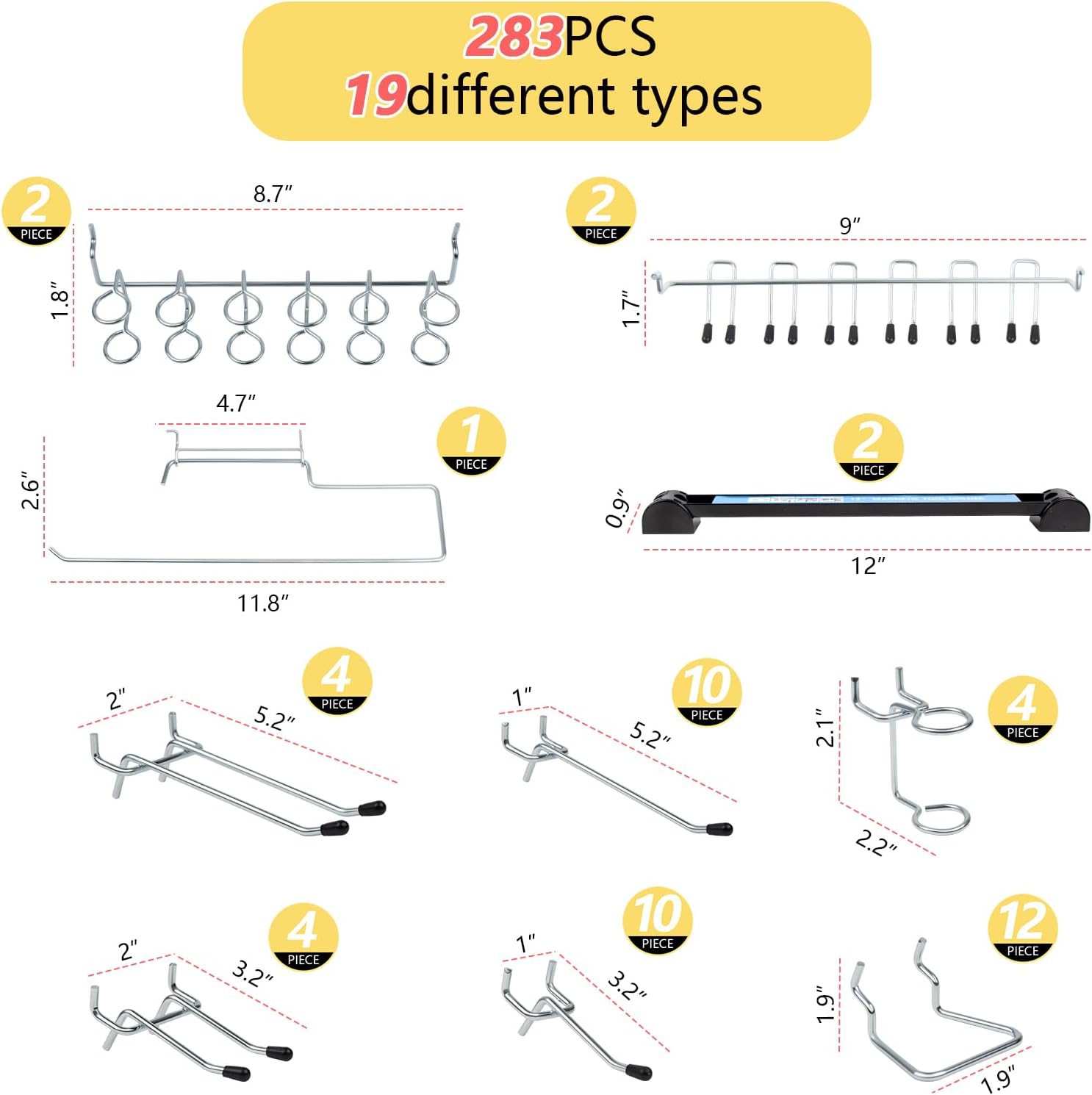 283PCS Metal Pegboard Hooks Organizer Kit for Organizing Various Tools - Heavy Duty 1/4" & 1/8" Pegboard Accessories with Pegboard Bins, Wall Mount Tool Storage for Garage, Workshop & Kitchen