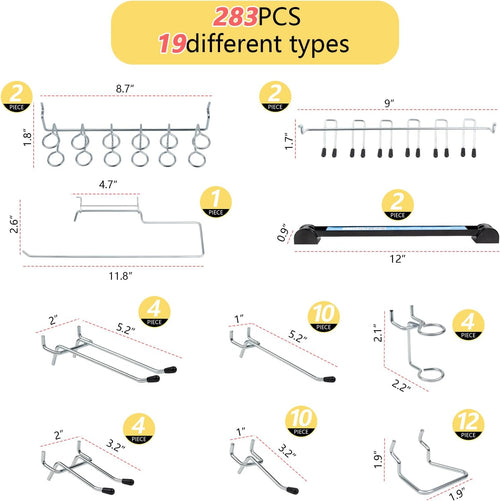 283PCS Metal Pegboard Hooks Organizer Kit for Organizing Various Tools - Heavy Duty 1/4" & 1/8" Pegboard Accessories with Pegboard Bins, Wall Mount Tool Storage for Garage, Workshop & Kitchen