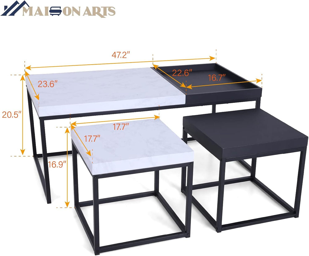 MAISON ARTS Nesting Coffee Table Set of 3, Marble White and Black | Rectangle...