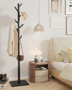 Yawinhe Coat Rack, Sturdy Woode Stand Tree with 8 Hooks, 3 Adjustable Height for Bedroom, Hallway, Entrance, Office, 11.8 x 70.8 inches, Black, 1-Pack, Square Base