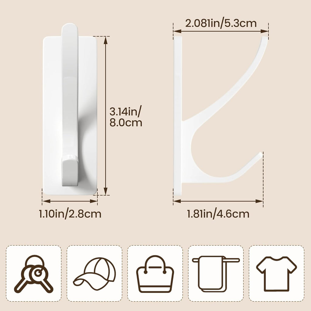 pickpiff White Self Adhesive Coat Hooks for Hanging, Heavy Duty Stainless Double Wall Hook for Towel, Backpack, Hat, Sturdy Metal Hanger for Bathroom, Bedroom, Door, Wall Mounted, 4-Pack
