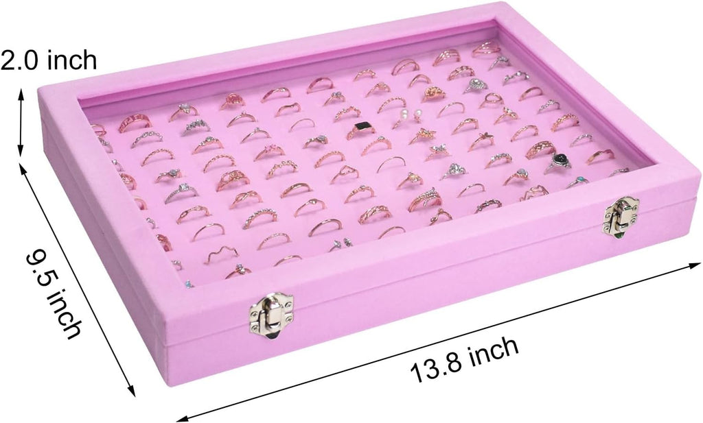 Velvet Ring Display Tray Organizer Box with Transparent Lid, 100 Slot Ring Holder Showcase For Store Display Jewelry Show Home, Pink