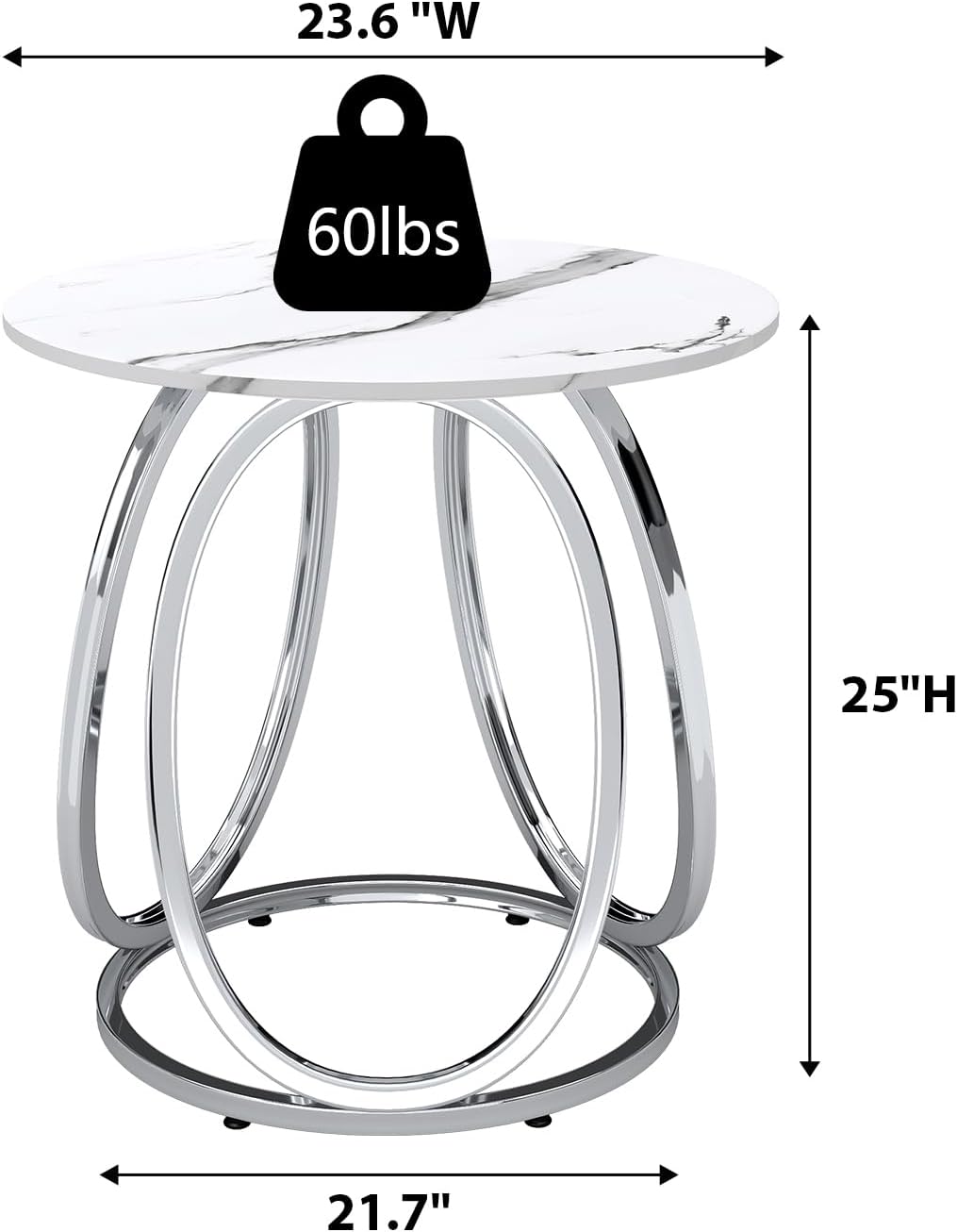 O&K FURNITURE Silver End Table, Round Side Table with Faux Marble Veins, Modern Nightstand for Bedroom, Living Room, Home Office, 1PC