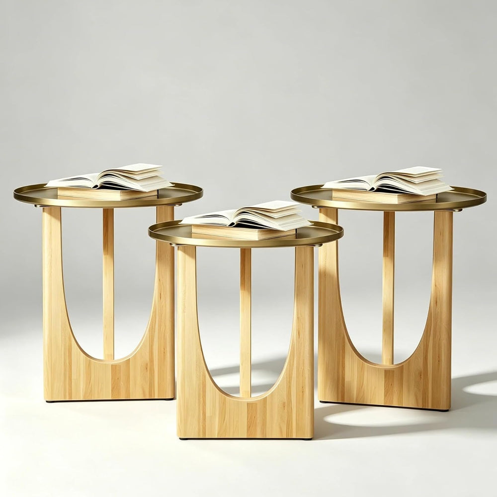 Gold End Tables Set of 3, Round Side Tables, Sofa Table with Wood Legs and Ra...