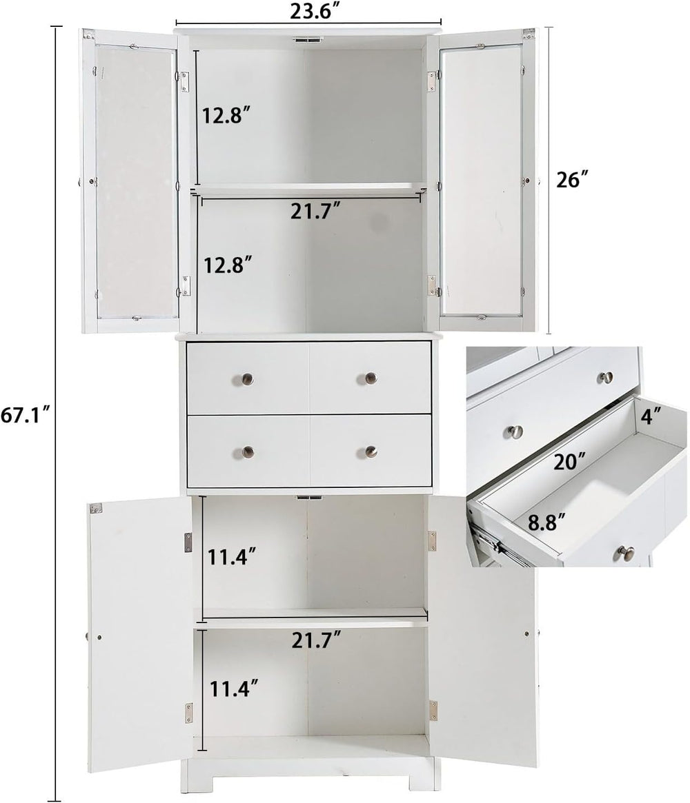 67" Tall Kitchen Pantry Cabinet with Glass Doors, Drawers & Adjustab...