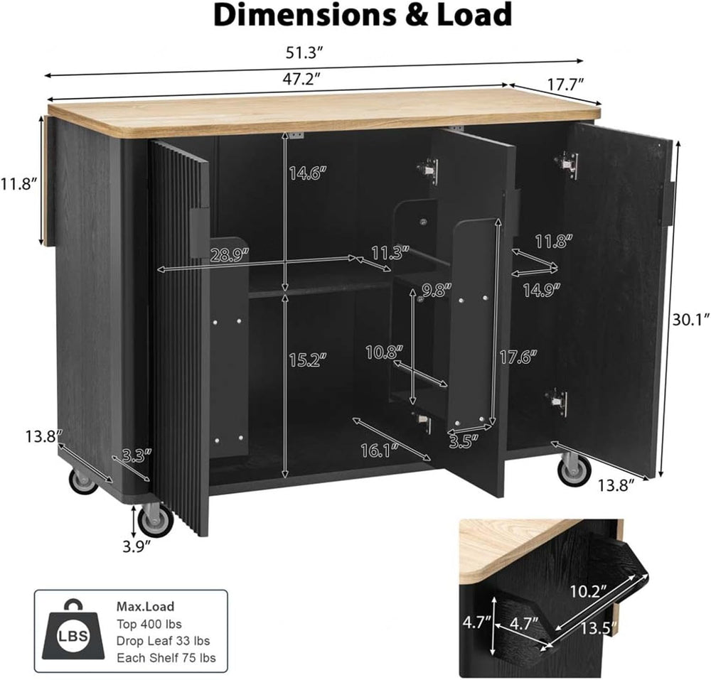 Floating Island Kitchen with Drop Leaf Countertop Internal Storage Rack, Kitc...