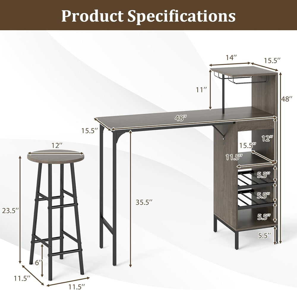 GOFLAME Bar Table Set for 2, Counter Height Dining Table Set with Shelves, Cu...