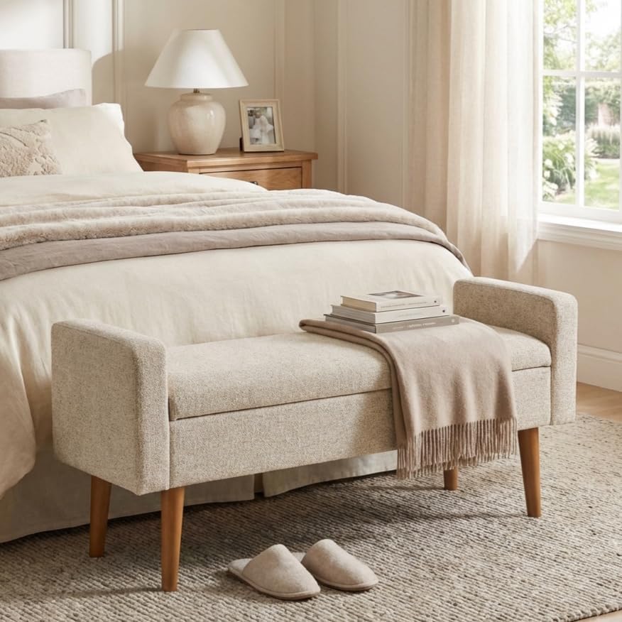 HomePop Fulton 48" Storage Bench - Textured Cream Fabric