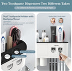 Toothbrush Holders Wall Mounted, Toothbrush Holder with Automatic Toothpaste Dispensers, 6 Brush Slots, 3 Magnetic Cups,1 Cosmetic Drawer Organizer and 1 Large Storage Tray