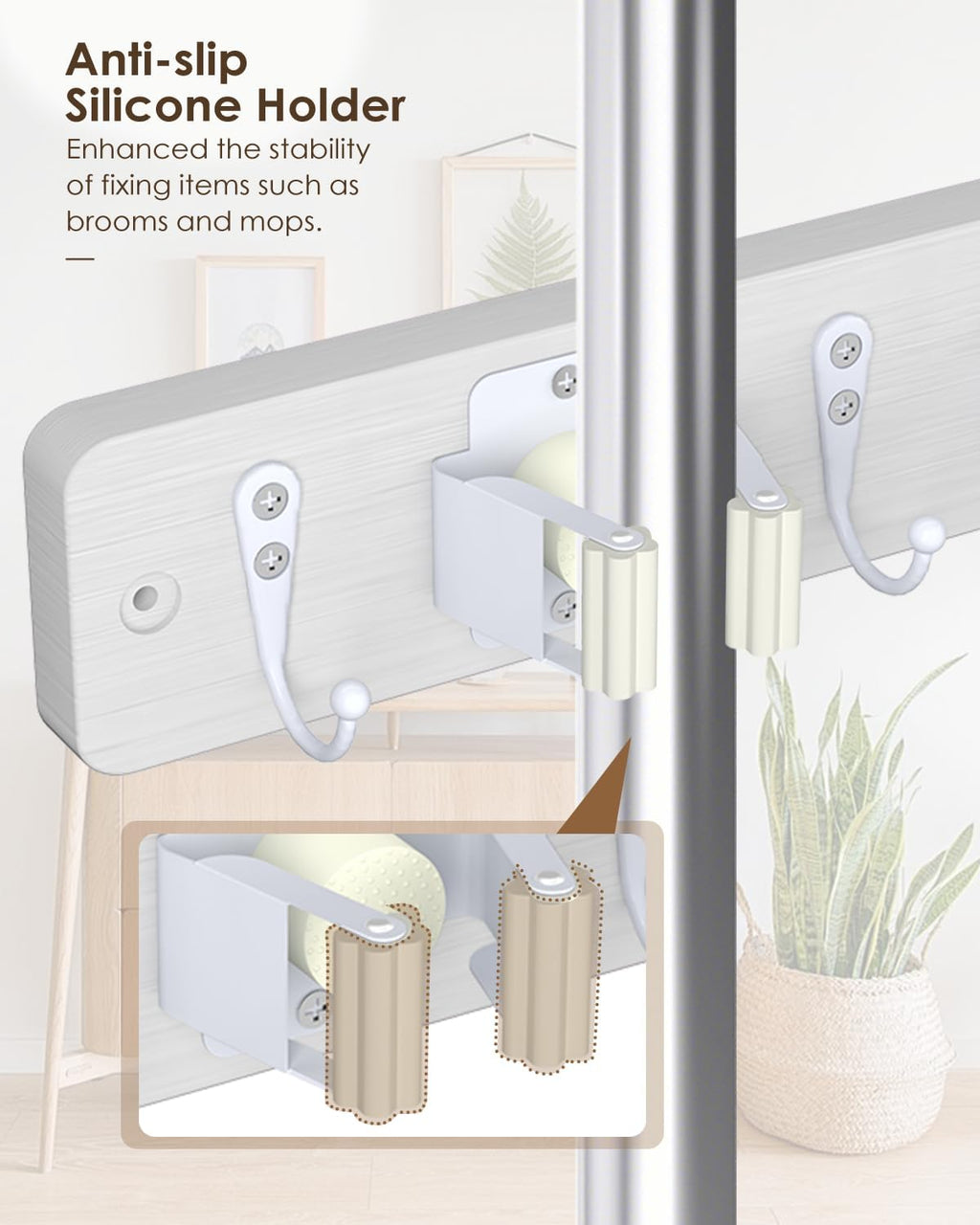 AceMining Broom Holder Wall Mounted, White 4 Holders and 4 Hooks Mop Holder, Wooden Mop and Broom Holder with Anti slip rubber, Natural pine wood Brush Holder, Mop Wall Holde with Nail installation