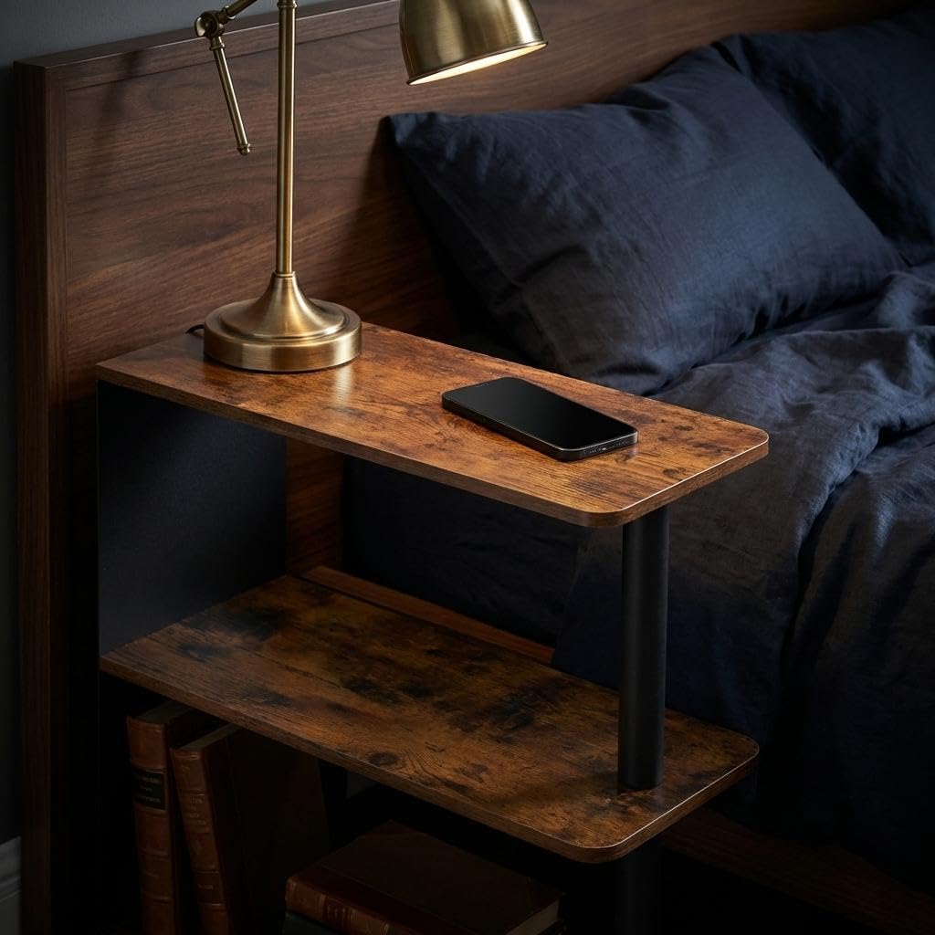 3-Tier Narrow End Table, Industrial Slim Side Table for Small Spaces, Sofa Couch Table Accent Nightstand with Storage Shelves for Living Room, Bedroom, Rustic Brown