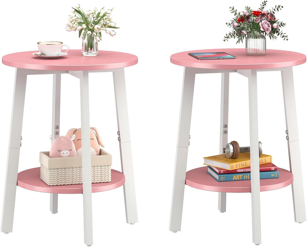 sthmec Side Table Set of 2, Small Round End Table with Storage Shelf for Smal...