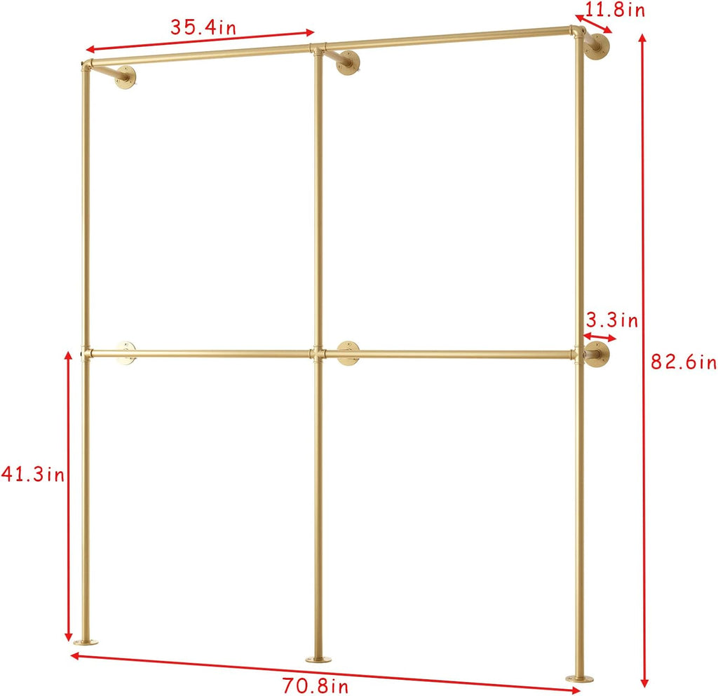 Gold Pipe Clothing Racks Wall Mount Gold Clothes Rack, Heavy Duty Industrial Pipe Clothes Racks Retail Display Hanging Rod for Closet Storage, Laundry Room