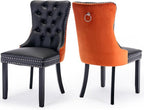 PU Upholstered Dining Chairs Set of 2, Modern Style Kitchen Side Chairs with Nailhead Trim and Wood Leg, Metal Pulling Ring for Dining Room Living Room(Black&Orange,Set of 2)