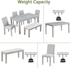 KEIKI 6-Piece Standard Height Dining Table Set with Rectangular Table, 4 Upholstered Chair, Bench, for 6 Person, Crystal Decoration Table Set, Easy Assembly, for Kitchen, Dining Room, Silver Grey