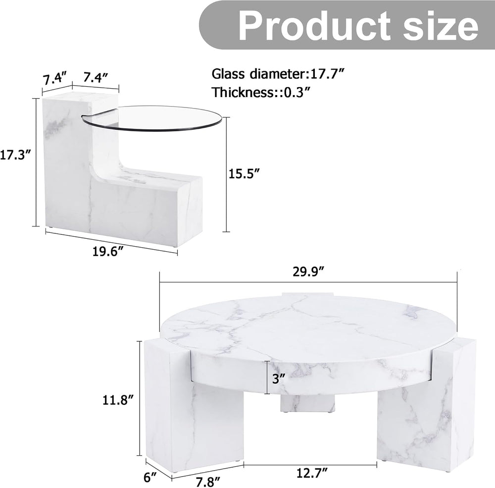 Modern Coffee Table Set of 2, 29.9" Round Wooden Coffee Table with White...