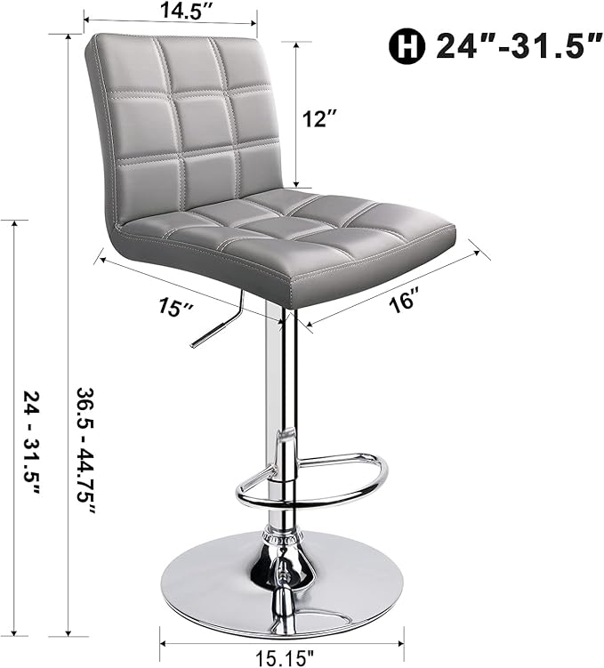 Leopard Modern Square Back PU Leather Adjustable Bar Stools with Back, Set of 2, Counter Height Swivel Stool (Light Grey)