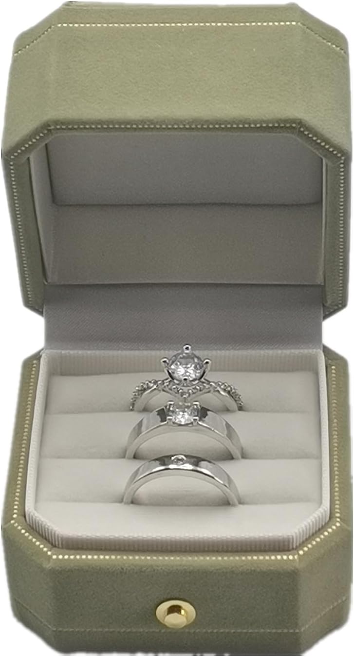Velvet Ring Box - Octagon Engagement Ring Box with Hinged Lid for Proposal Engagement Wedding, Proposal Ring Case Jewelry Box with Gold Lace PRB003-Green