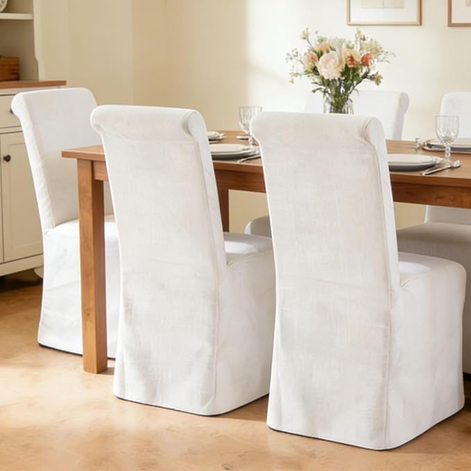Slipcovered Dining Chairs Set of 6, Parsons Dining Chair with Removable Skirte Upholstered Linen Fabric Kitchen Chairs for Dining/Living Room, Banquet, Solid Wood, Beige