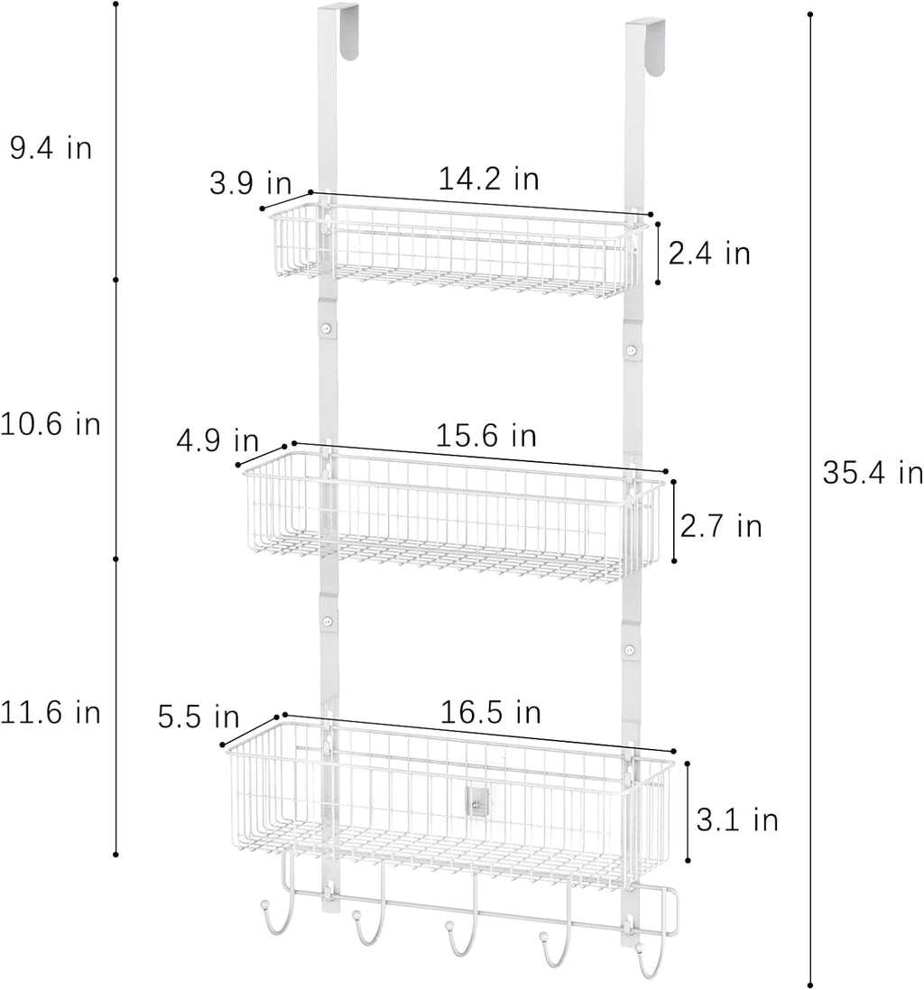 CADUKE Over The Door Organizer Hanger with Basket Hanger Door Towel Rack with 5 Hooks Back of Door Storage Organizer Behind Door Hooks Hanger Shelf for Bathroom, Kitchen, Office, White