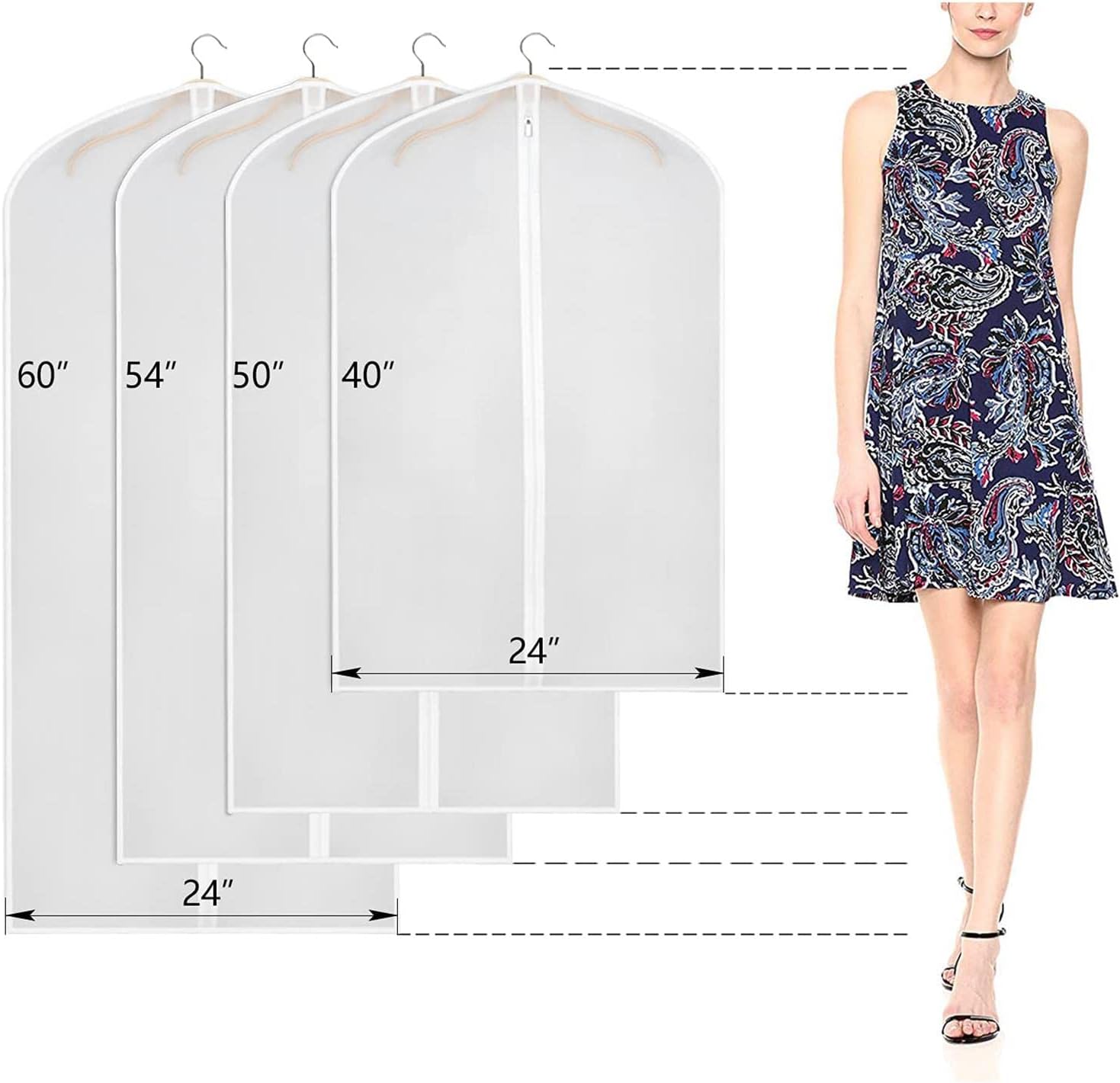 Univivi Clear Garment Bags for Hanging Clothes, Suit Cover, 60 inch, 6 Pack | Long Dress Bags with Nylon Zipper, PEVA, Washable Foldable Suit Cover for Storage Long Dress, Gown, Suit, Long Winter Coat
