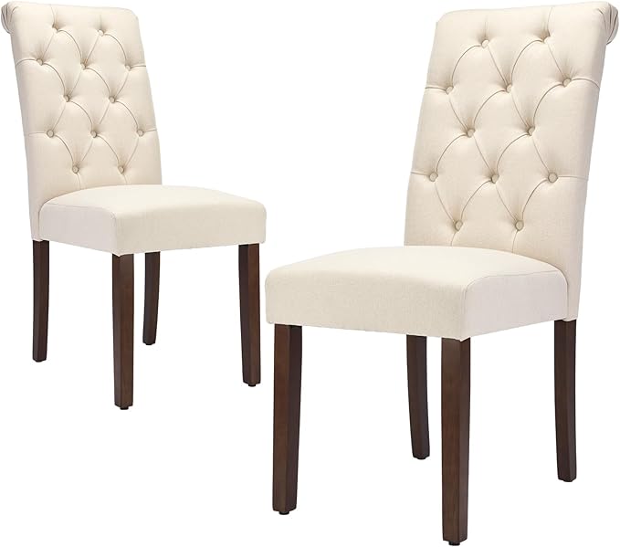 Tufted Dining Chairs Set of 2, Upholstered Parsons Dining Room Chairs, Fabric Kitchen Side Chair with Wood Legs, Beige