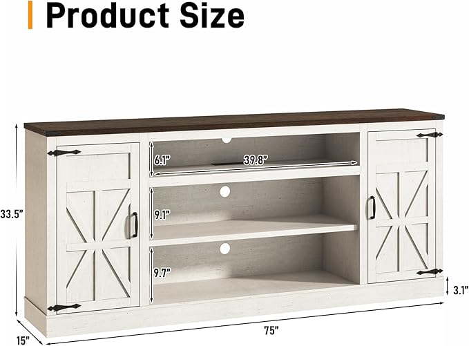 75" Farmhouse TV Stand with Power Outlets for 85 Inch TVs, 33" Tall Entertainment Center with Storage Cabinets w/Adjustable Shelves, Rustic Large TV Media Console, Rustic White