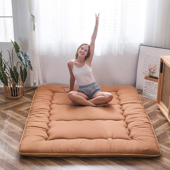 MAXYOYO Japanese Floor Mattress Futon Mattress, 4" Thicken Tatami Mat Sleeping Pad Foldable Roll Up Mat Boys Girls Dormitory Pad Kids Floor Lounger Pillow Bed, Charcoal Grey, Queen Size