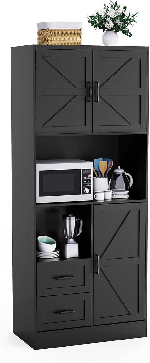 Bigbiglife Farmhouse Kitchen Pantry Cabinet with LED Lights and Power Strip, ...