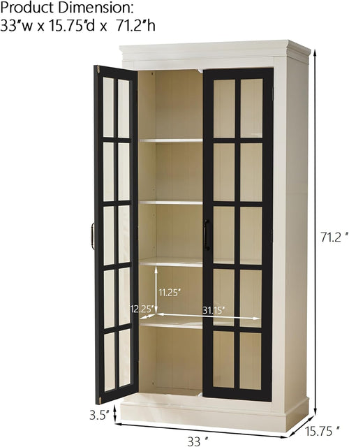 33" D*15.75" W*71.2" H Freestanding Kitchen Pantry with 4 Shelves, Black French Door, Rectangular Kitchen Pantry，for Living Room, Dining Room，White