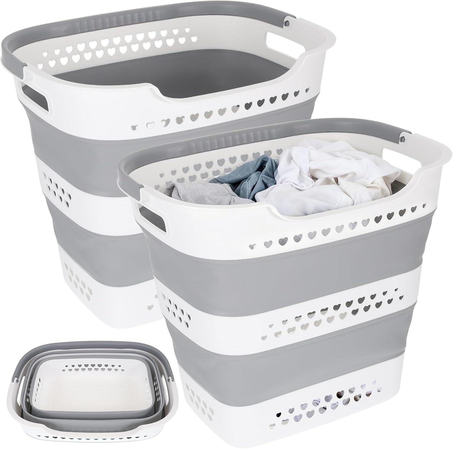 2 Pcs Collapsible Laundry Baskets for Dirty Clothes, 43L Plastic Laundry Hamper for Dorm Bedroom, Space Saving Pop-Up Laundry Hamper Container, Durable Foldable Laundry Basket with Handles (Grey)