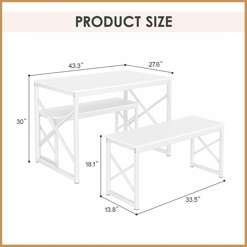VECELO 43.3" Kitchen Dining Table Set for 4, Heavy-Duty Steel Frame & Wood-Grain Tabletop, Space-Saving Dinette Sets with 2 Benches for Breakfast Nook and Small Space, White