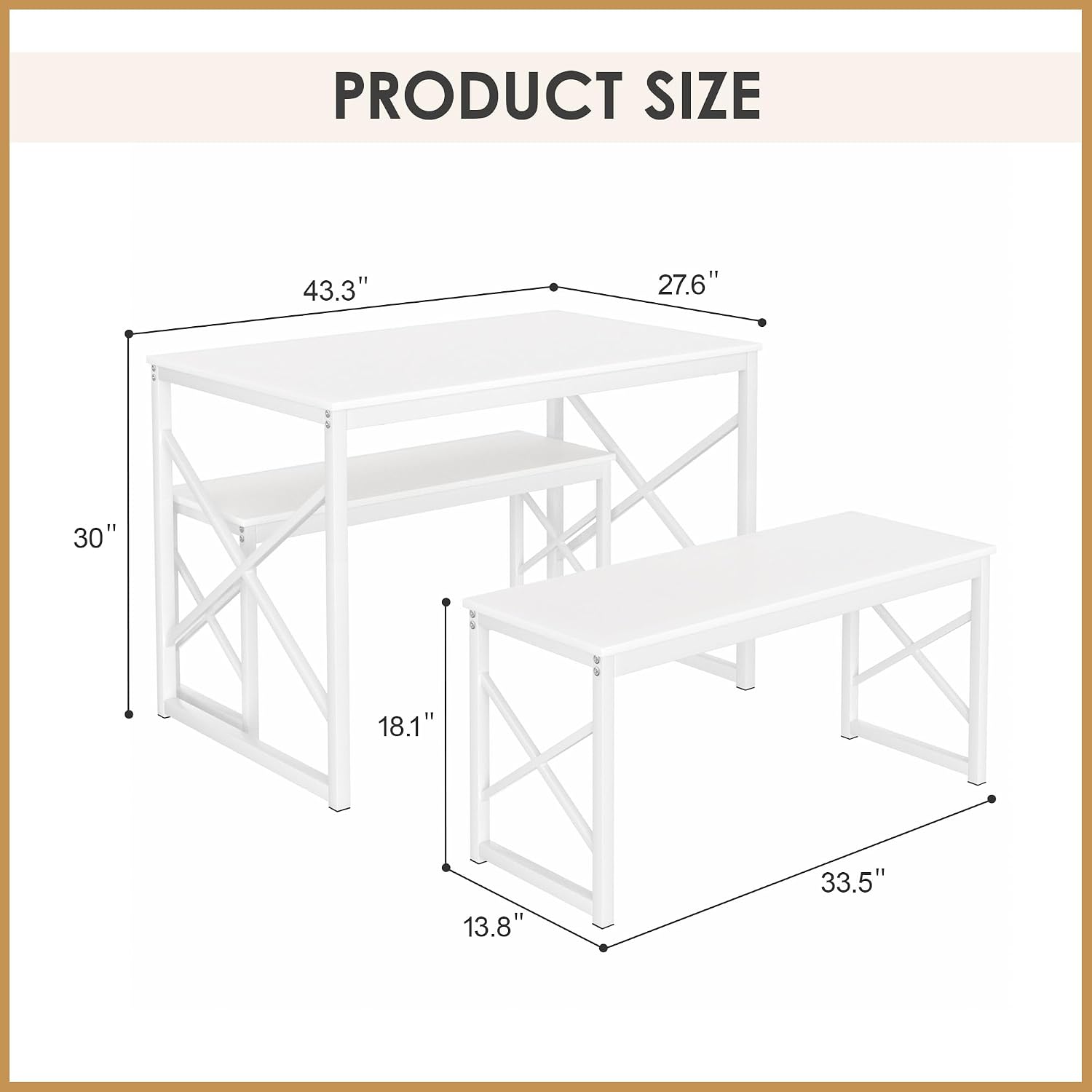 VECELO 43.3" Kitchen Dining Table Set for 4, Heavy-Duty Steel Frame & Wood-Grain Tabletop, Space-Saving Dinette Sets with 2 Benches for Breakfast Nook and Small Space, White