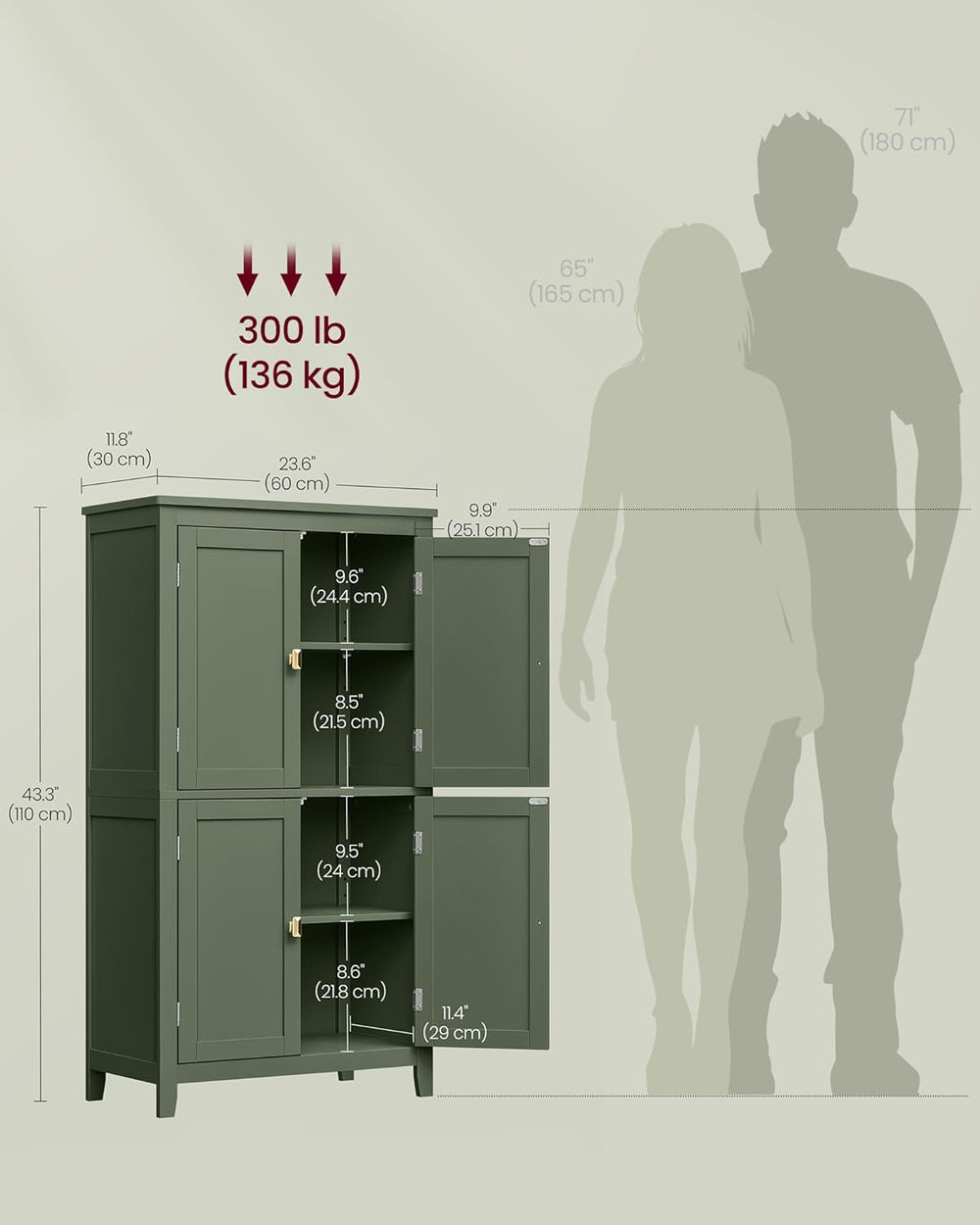 VASAGLE Floor Storage Cabinet, Freestanding Unit, 4 Doors | Adjustable Shelve...