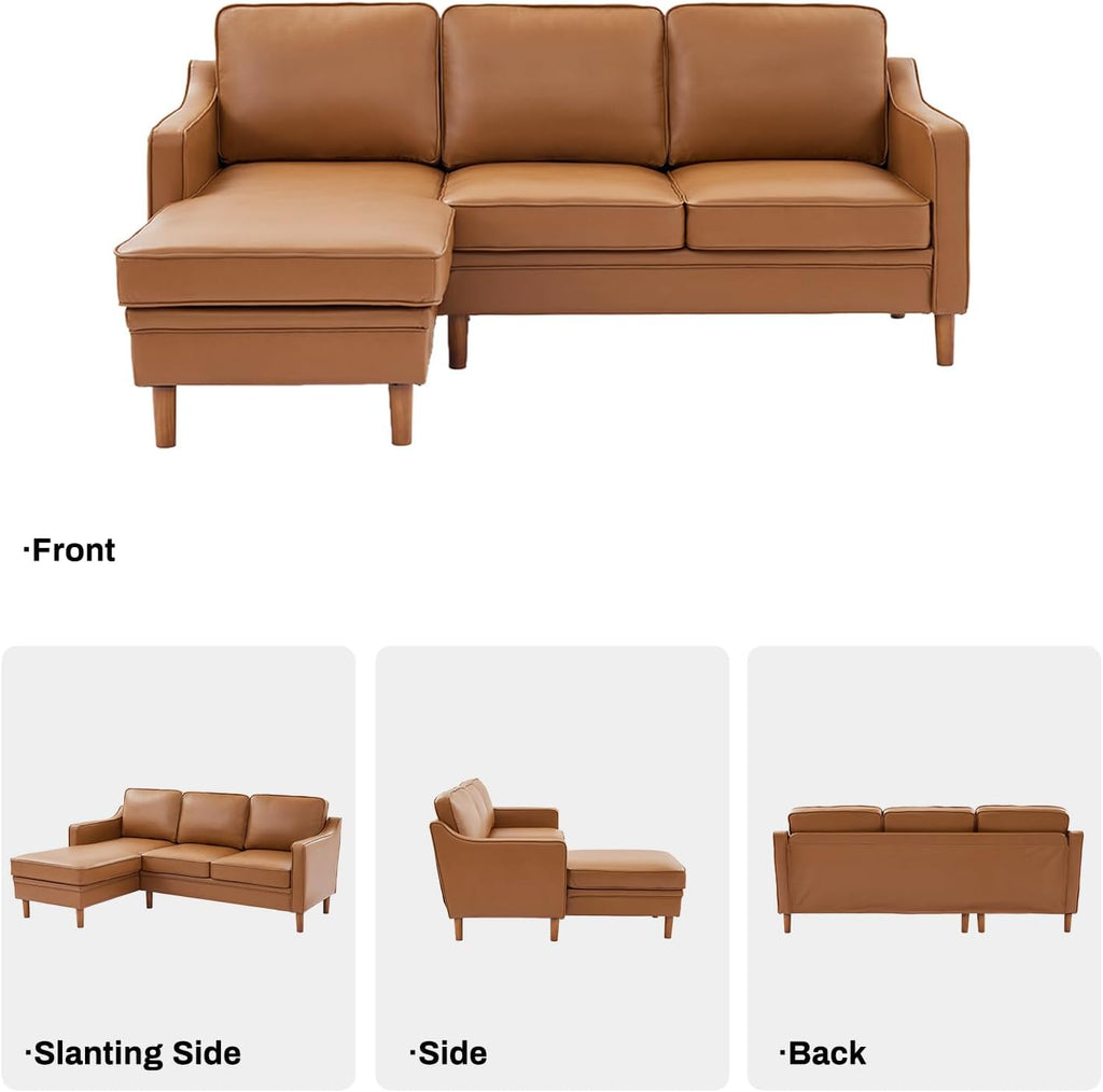 88" L-Shape Sofa, Faux Leather Sectional Couch, Mid Century Modern Couches with Solid Wood Frame for Living Room Bedroom