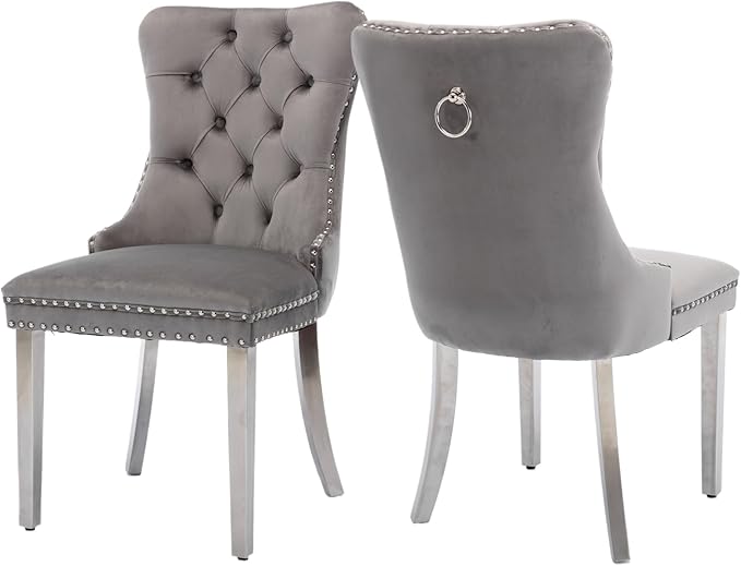 Velvet Upholstered Dining Chairs Set of 2, Modern Style Kitchen Side Chairs w...