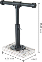 MyGift Industrial Pipe Black Metal T-Bar Adjustable Height Jewelry, Bracelet & Necklace Display Stand with Torched Wood Base