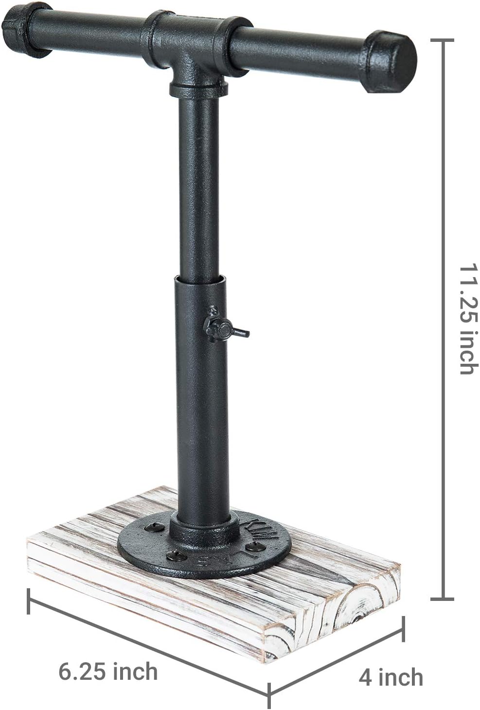 MyGift Industrial Pipe Black Metal T-Bar Adjustable Height Jewelry, Bracelet & Necklace Display Stand with Torched Wood Base