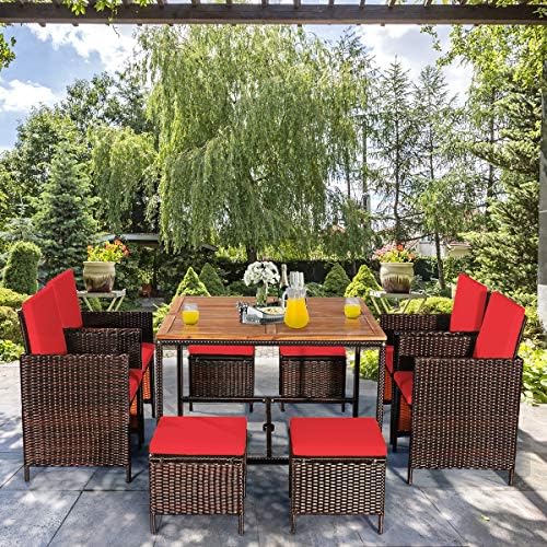 Tangkula 9 Pieces Acacia Wood Patio Dining Set, Space Saving Wicker Chairs an...