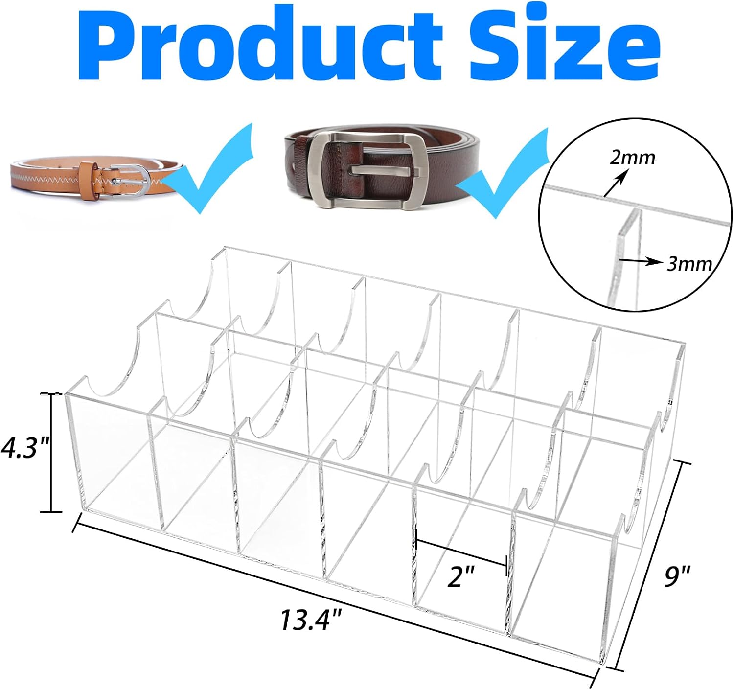 ZENFUN 12 Compartments Belts Storage Box, Acrylic Belt Organizer, Belt Container Storage Holder Clear Belts Display Case for Watch, Hair Accessories, Jewelry, Closet and Drawer