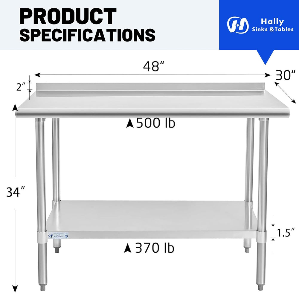 Hally Stainless Steel Table 30 x 48 in, Kitchen Prep Work Table, Backsplash |...