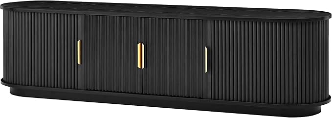 Farmhouse Wooden TV Stand with Sliding Tambour Door for TVs up to 75", Fluted Media Console with Adjustable Storage, Golden Handle TV Cabinet with Cable Holes for Living Room, Black