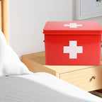 Flexzion First Aid Box Organizer Empty 13" Red Vintage First Aid Kit Tin Metal Medical Box - First Aid Storage Box Container Bins with Dividers, Removable Tray and White Cross Logo