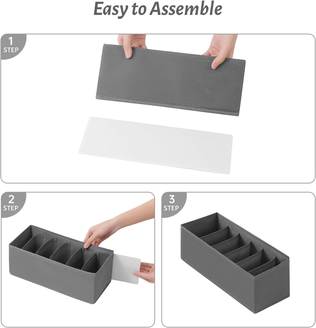 3 Packs Fabric Belt Organizer, 6 Grids Belt Organizer for Closet and Drawer, Foldable Dresser Drawer Organizers, Tie Storage -Dark Grey